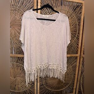 Coldwater Creek Light Cream Fringe Hem Knit Top